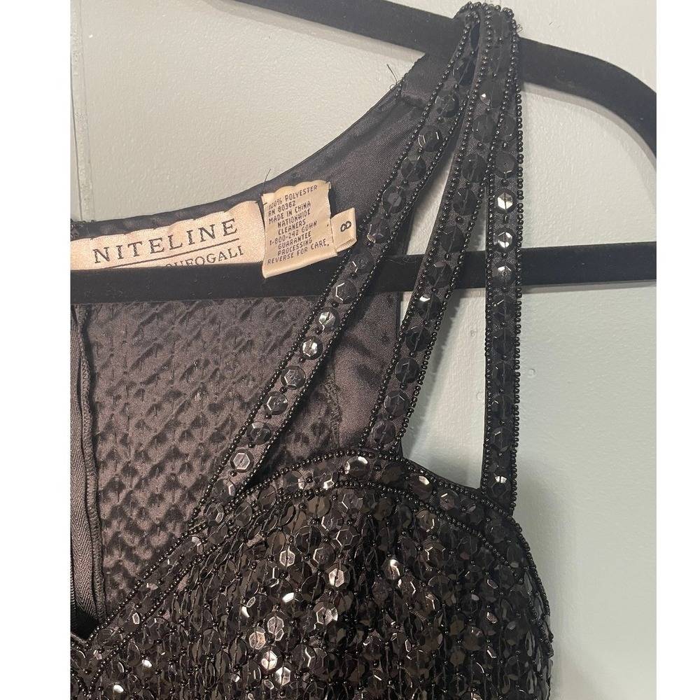 Vintage 90s NiteLine Della Roufogali Black Beaded Strappy V Neck Party‎ Dress - Picture 4 of 8